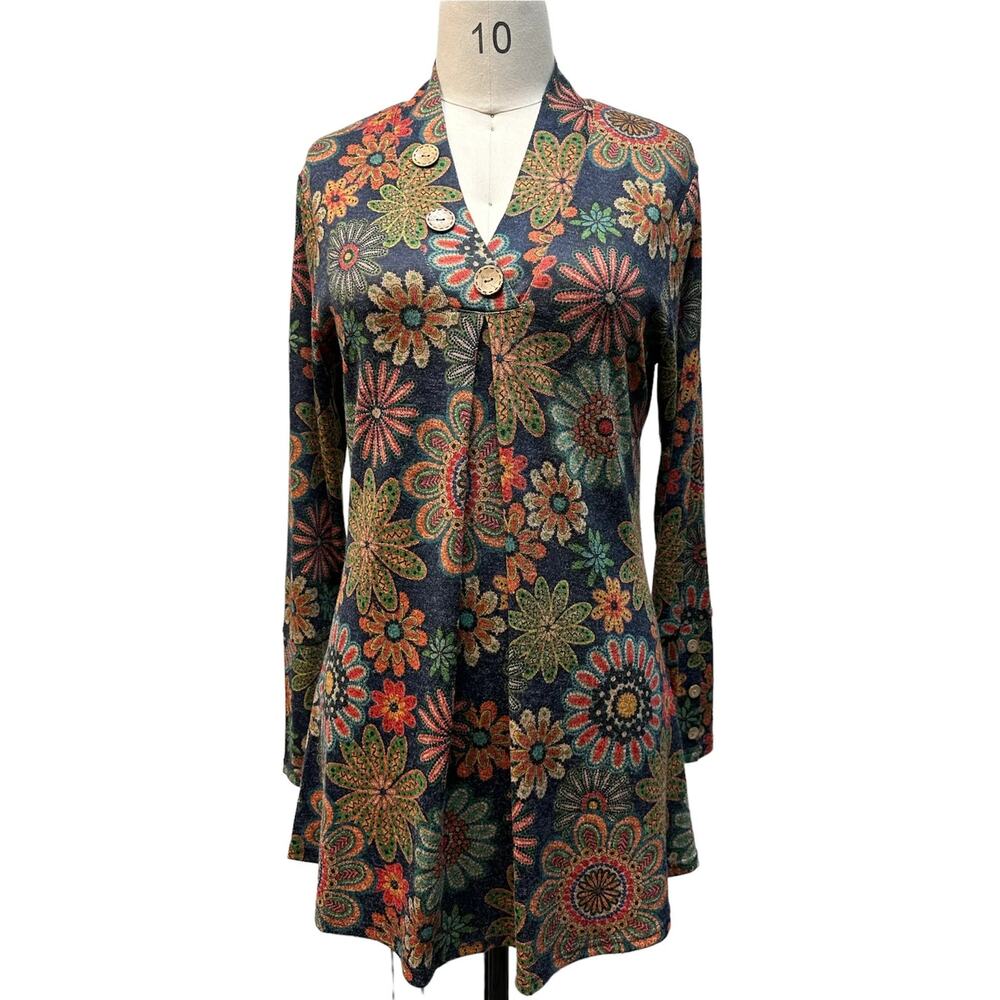 "Indian Summer" Floral Wooden Button V Neck Knit Tunic Dress